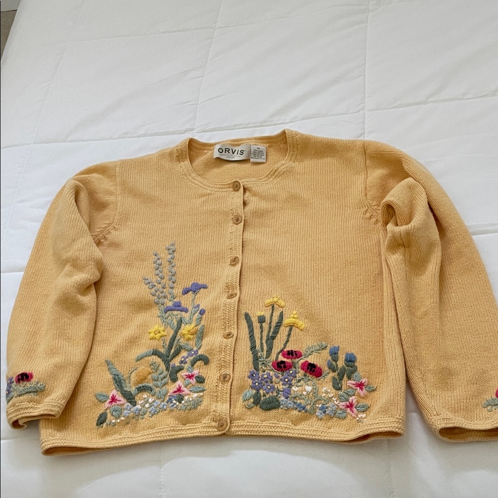 Orvis Women's Mustard Floral Embroidered Cardigan. Perfect for Spring.
